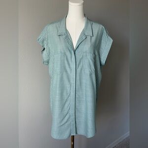 JACHS Girlfriend Light Teal and White Striped Button Down Shirt-100% Rayon-M